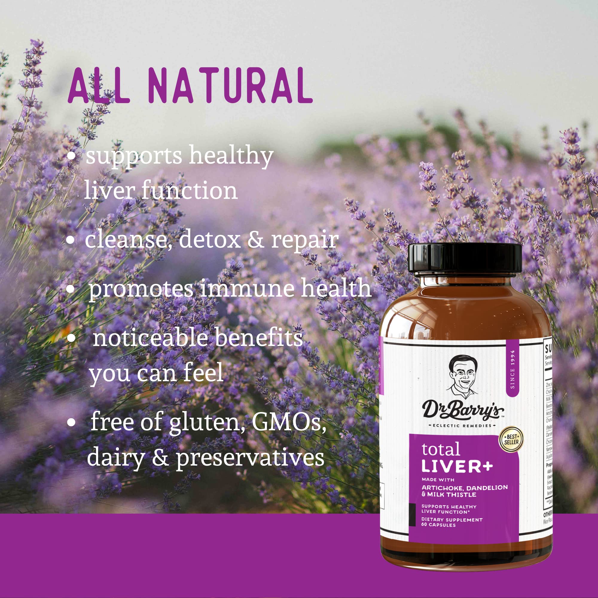 Dr. Barry's Total Liver Supplement bottle with milk thistle promoting liver health.