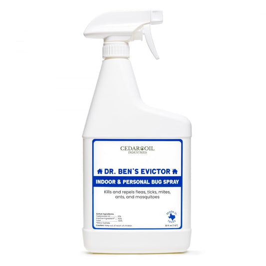 Dr Ben's Evictor Cedar Oil Spray bottle ready for indoor pest control.