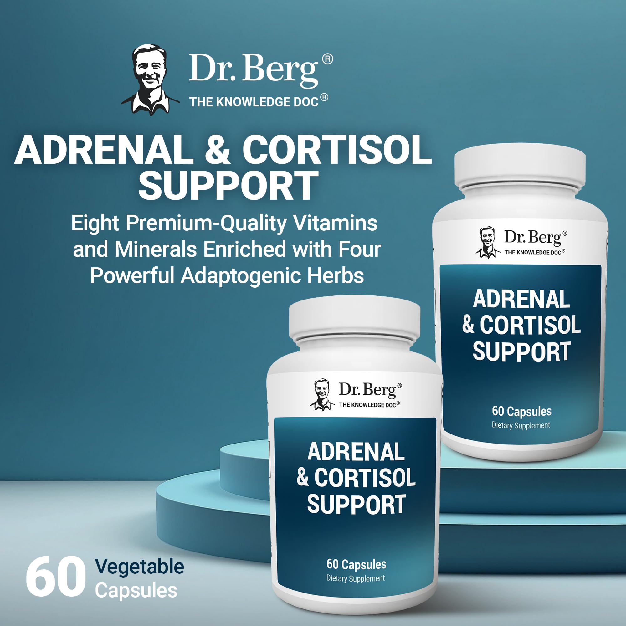 Dr. Berg Adrenal & Cortisol Capsules featuring Ashwagandha in the ingredient display.