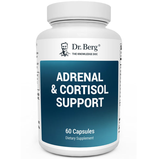 Dr. Berg Adrenal & Cortisol Capsules bottle close-up showing quality and calm potential.