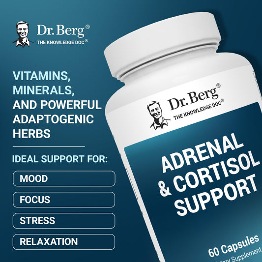 Dr. Berg Adrenal & Cortisol Capsules being poured for easy daily use.