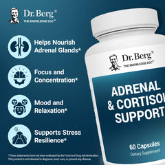 Dr. Berg Adrenal & Cortisol Capsules with blend of herbs and nutrients highlighted.