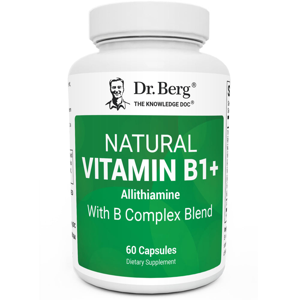 Dr. Berg B1 B6 B12 Complex bottle highlights allithiamine for enhanced absorption.