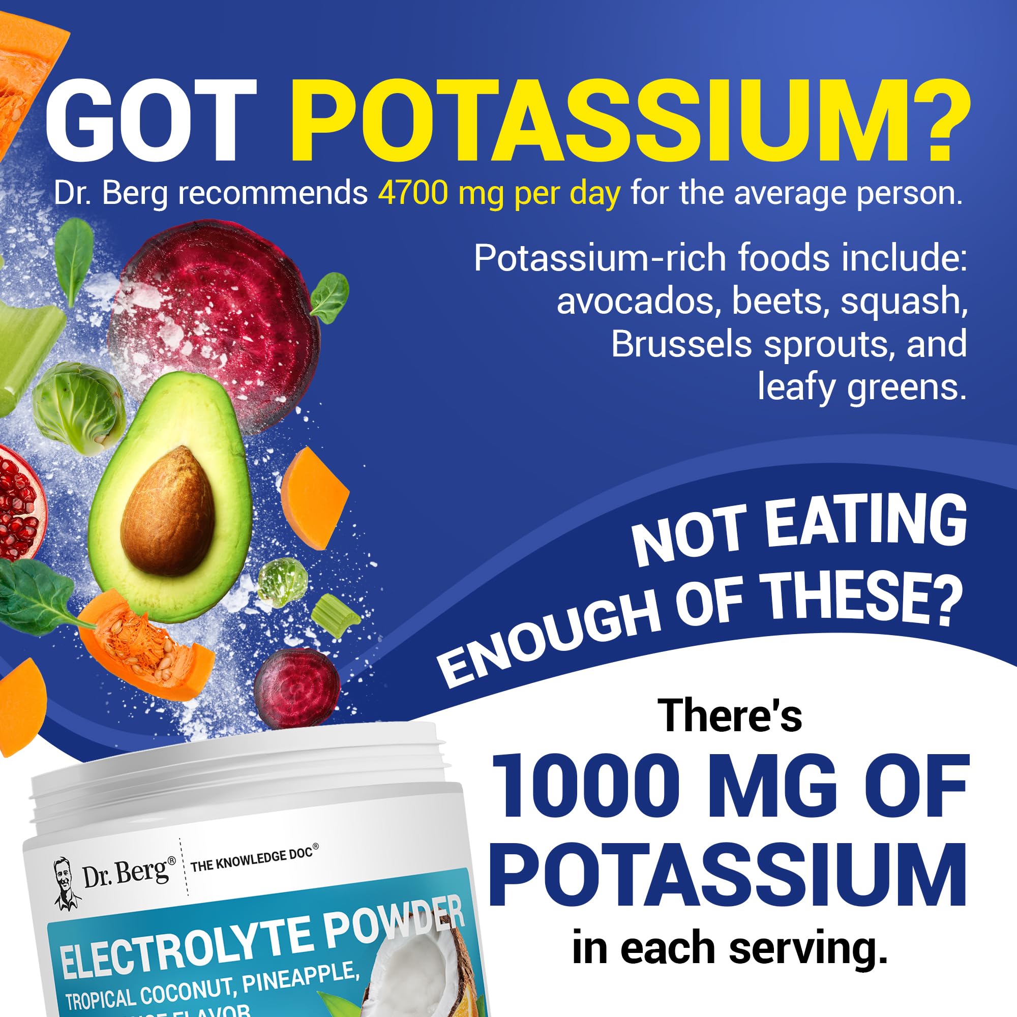 Electrolyte powder delivering 1000 mg potassium for active hydration