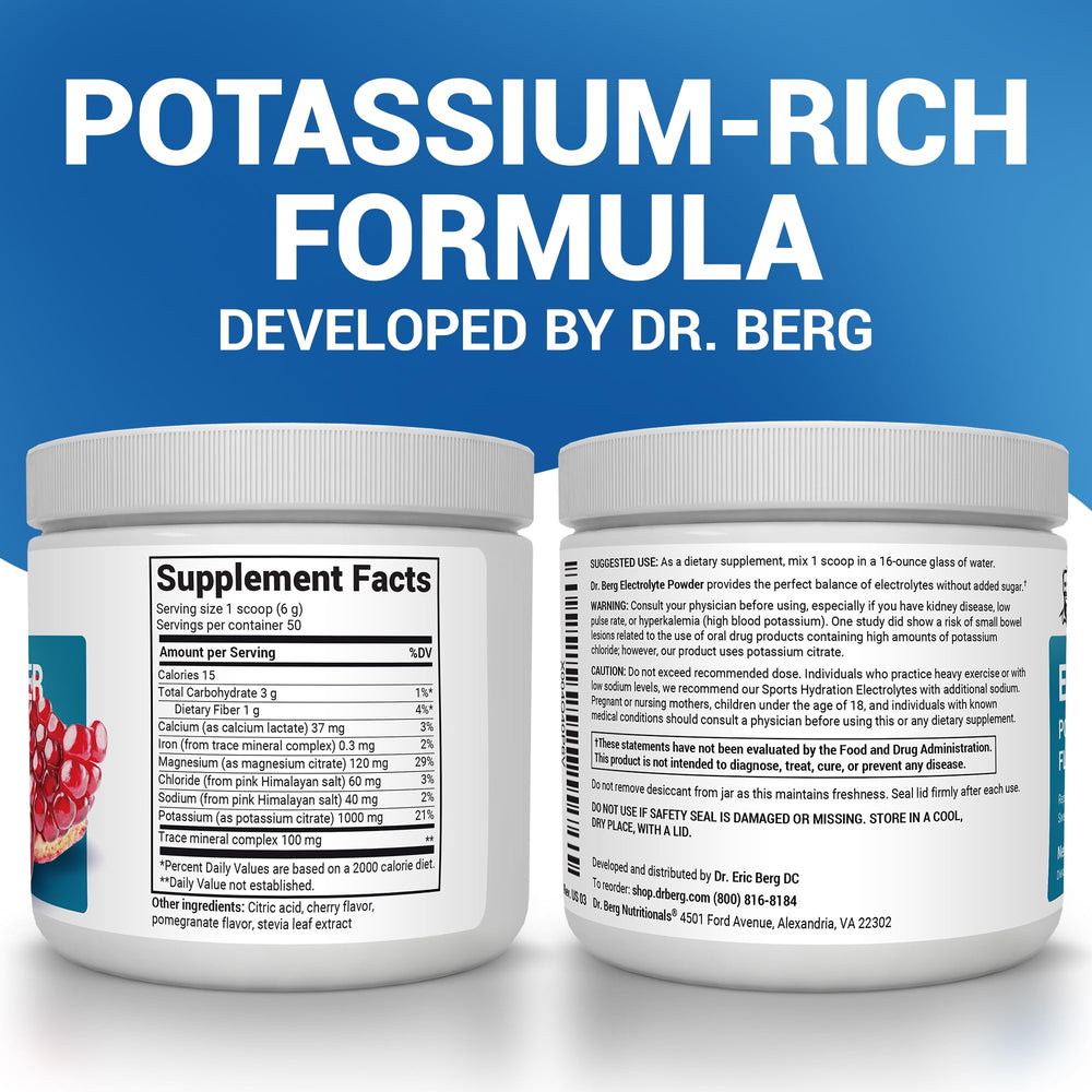 Dr. Berg electrolyte powder with 1000 mg potassium and 40 mg sodium per serving