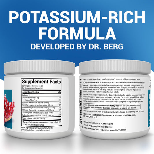 Dr. Berg electrolyte powder with 1000 mg potassium and 40 mg sodium per serving