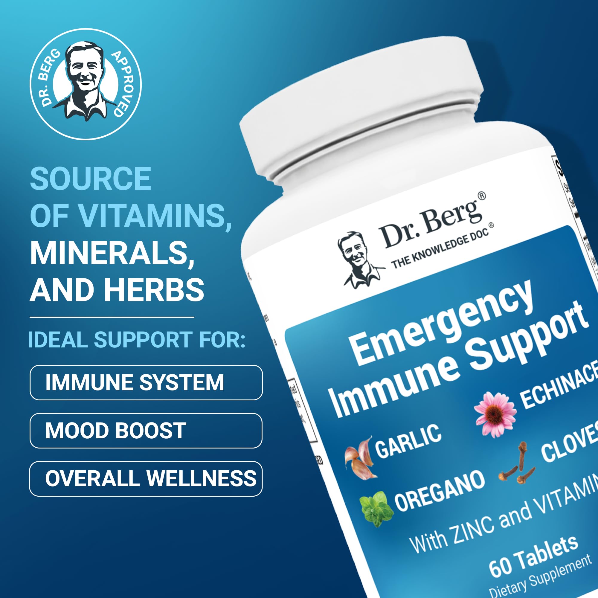 Dr. Berg Emergency Immune Support bottle label close-up detailing ingredients