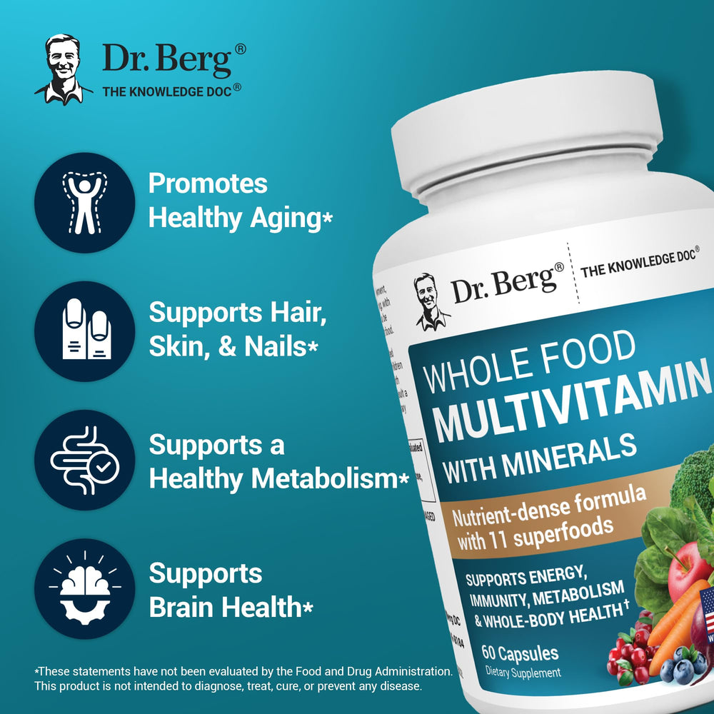 Dr. Berg blend of whole-food fruits and vegetables supports balanced daily nutrition.