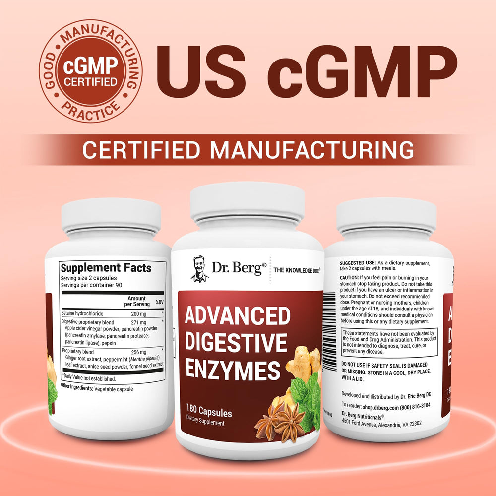 Dr. Berg GMP-certified badge shown beside bottle ensures high-quality manufacturing