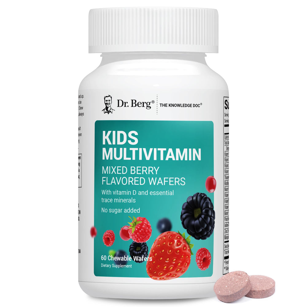 Dr. Berg Kids chewable multivitamin mixed berry wafers for daily nutrition.