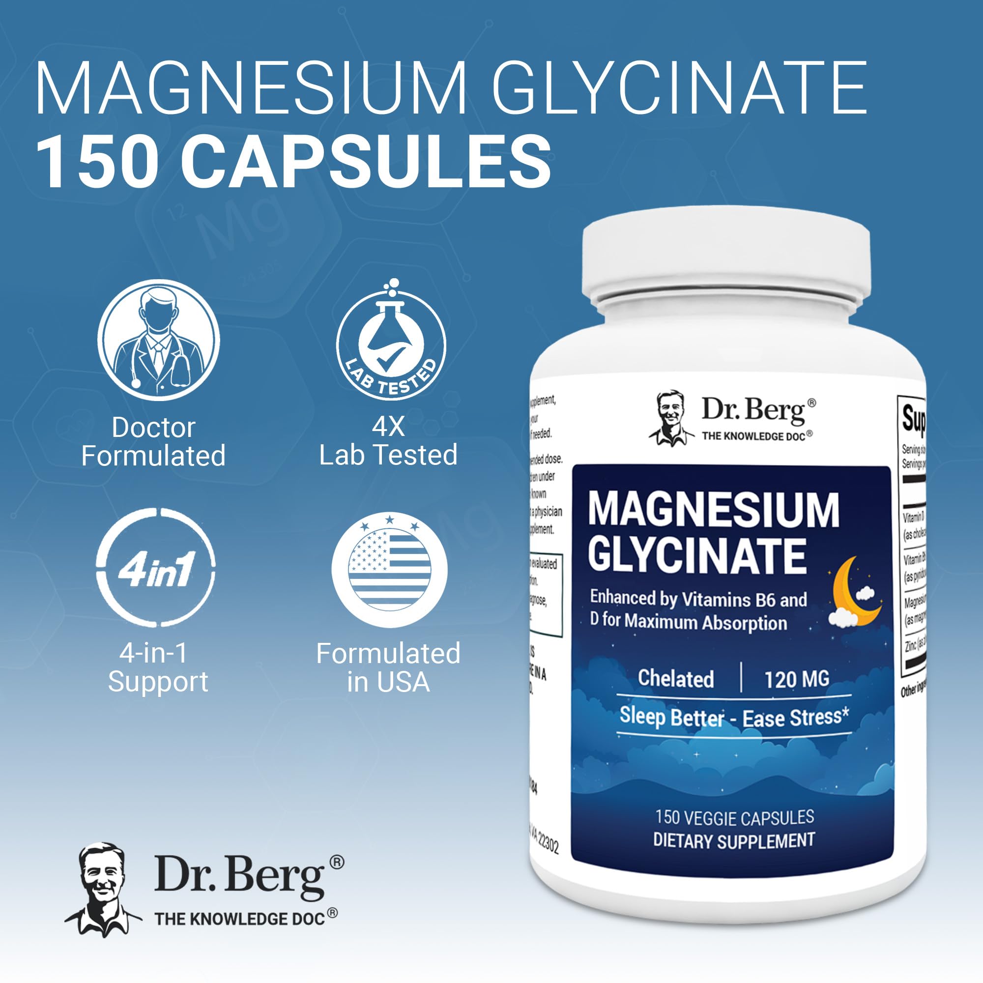 Dr. Berg Magnesium Glycinate bottle side highlighting dosage and daily use.