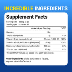 Dr. Berg Magnesium Glycinate Powder closeup on label showing flavor and servings.