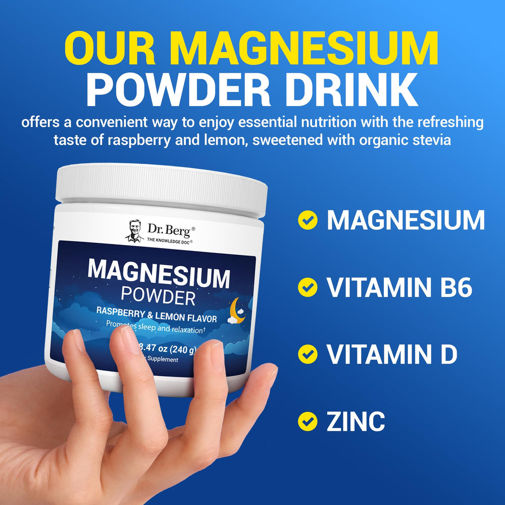 Dr. Berg Magnesium Glycinate Powder ingredient panel highlights vitamin D3 and zinc.