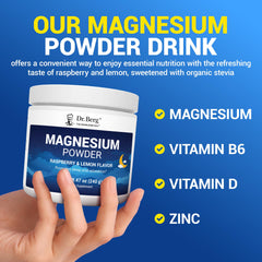 Dr. Berg Magnesium Glycinate Powder ingredient panel highlights vitamin D3 and zinc.