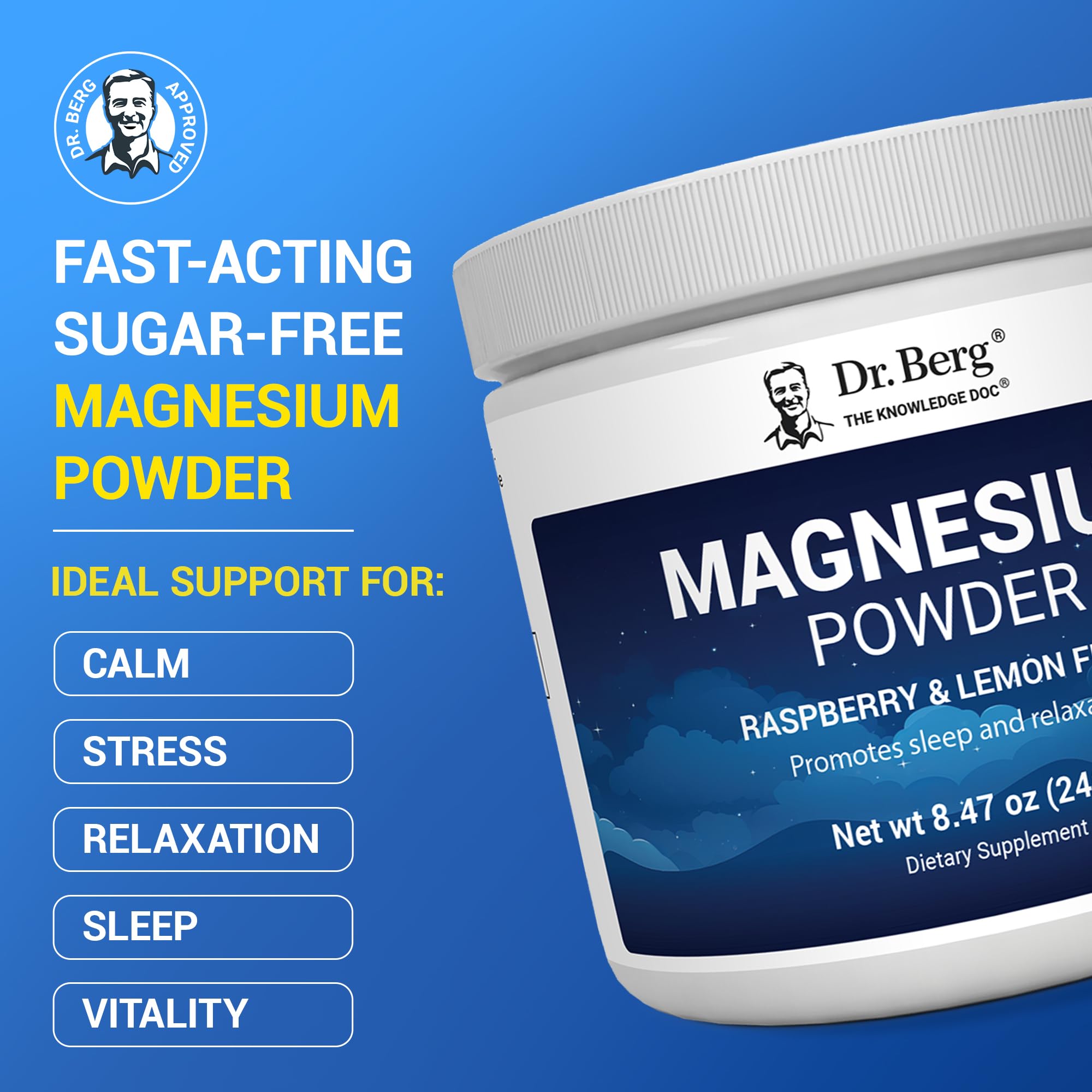 Dr. Berg Magnesium Glycinate Powder Raspberry Lemon in a glass mix ready to sip.