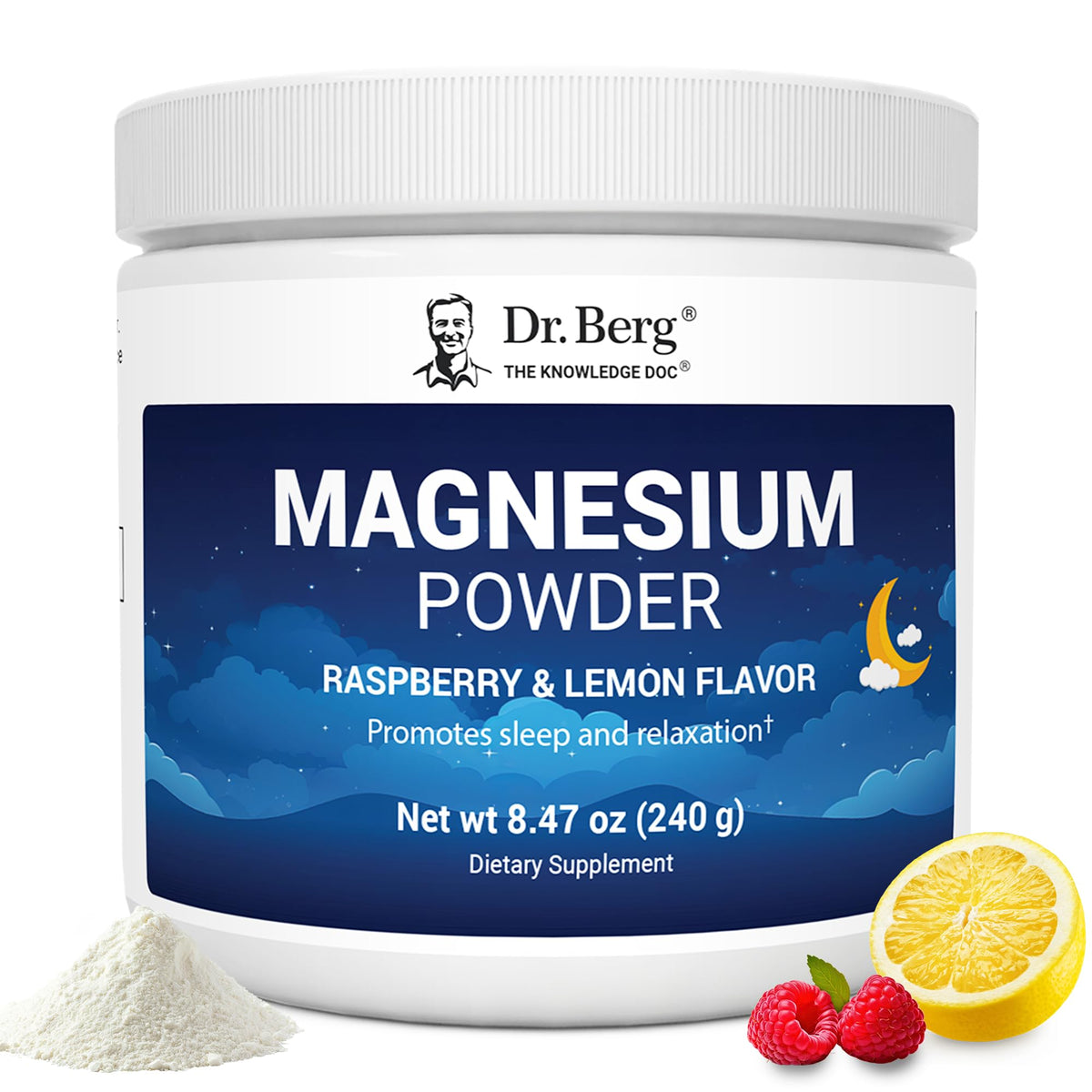 Dr. Berg Magnesium Glycinate Powder Raspberry Lemon tub promotes relaxation and balance.