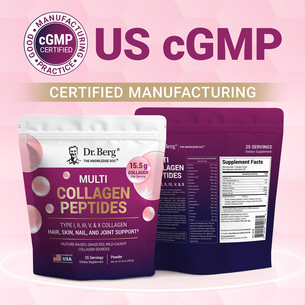 Dr. Berg Multi Collagen Powder ingredient panel lists vitamin C and biotin.
