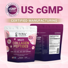 Dr. Berg Multi Collagen Powder ingredient panel lists vitamin C and biotin.