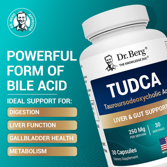 Dr. Berg Nutritionals TUDCA bottle on table suggests liver and digestive benefits.