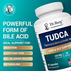 Dr. Berg Nutritionals TUDCA bottle on table suggests liver and digestive benefits.