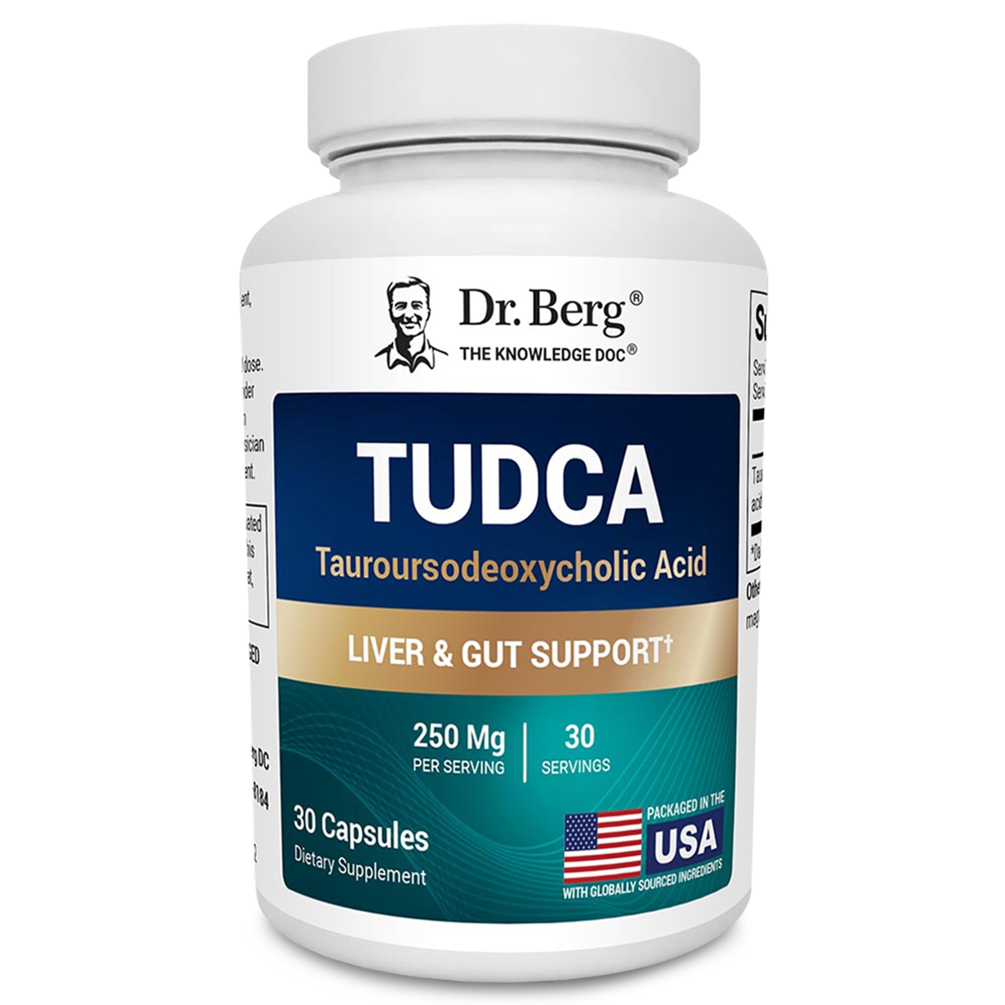 Dr. Berg TUDCA capsules close-up highlighting potential bile flow support.