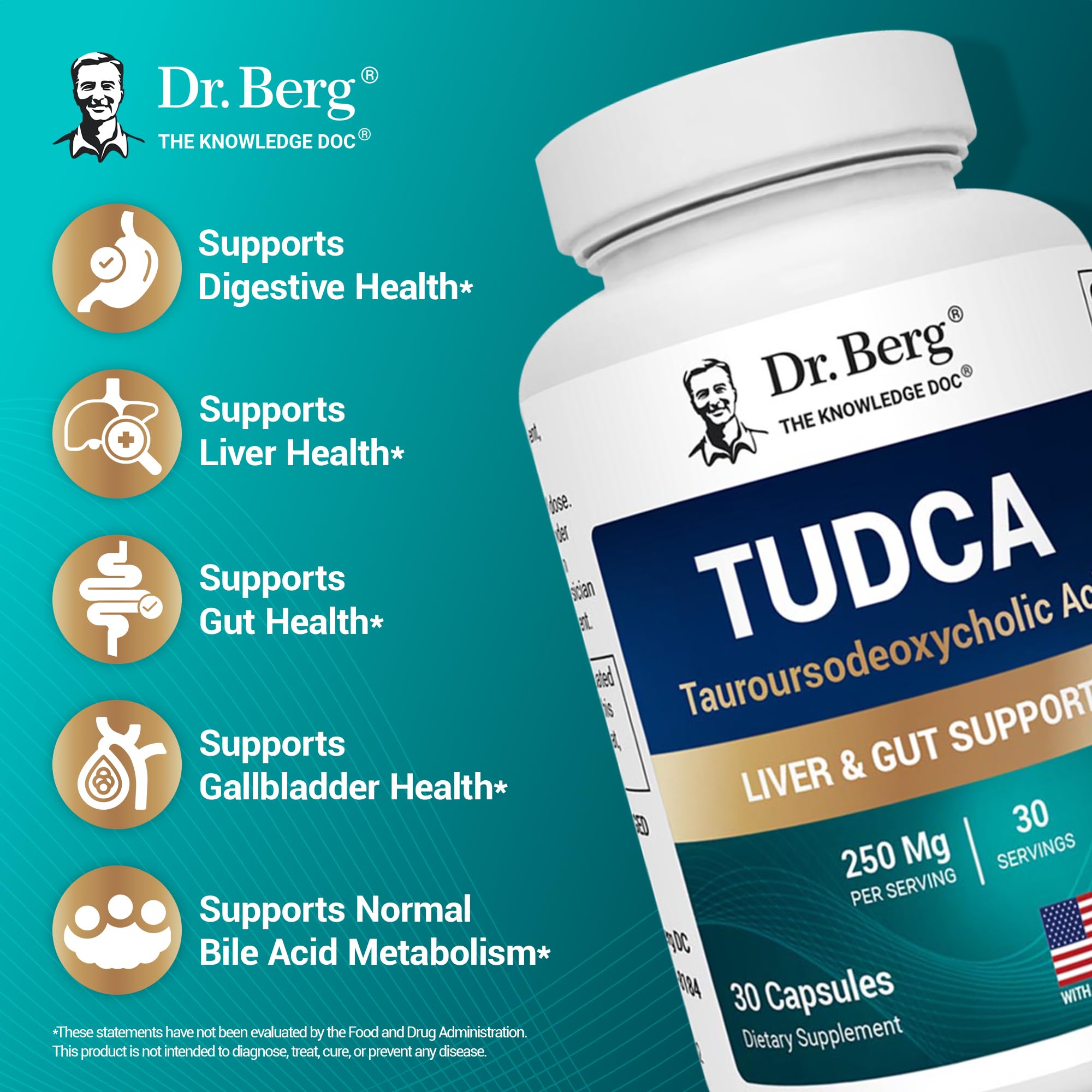 TUDCA label detail from a Dr. Berg bottle emphasizes potency.