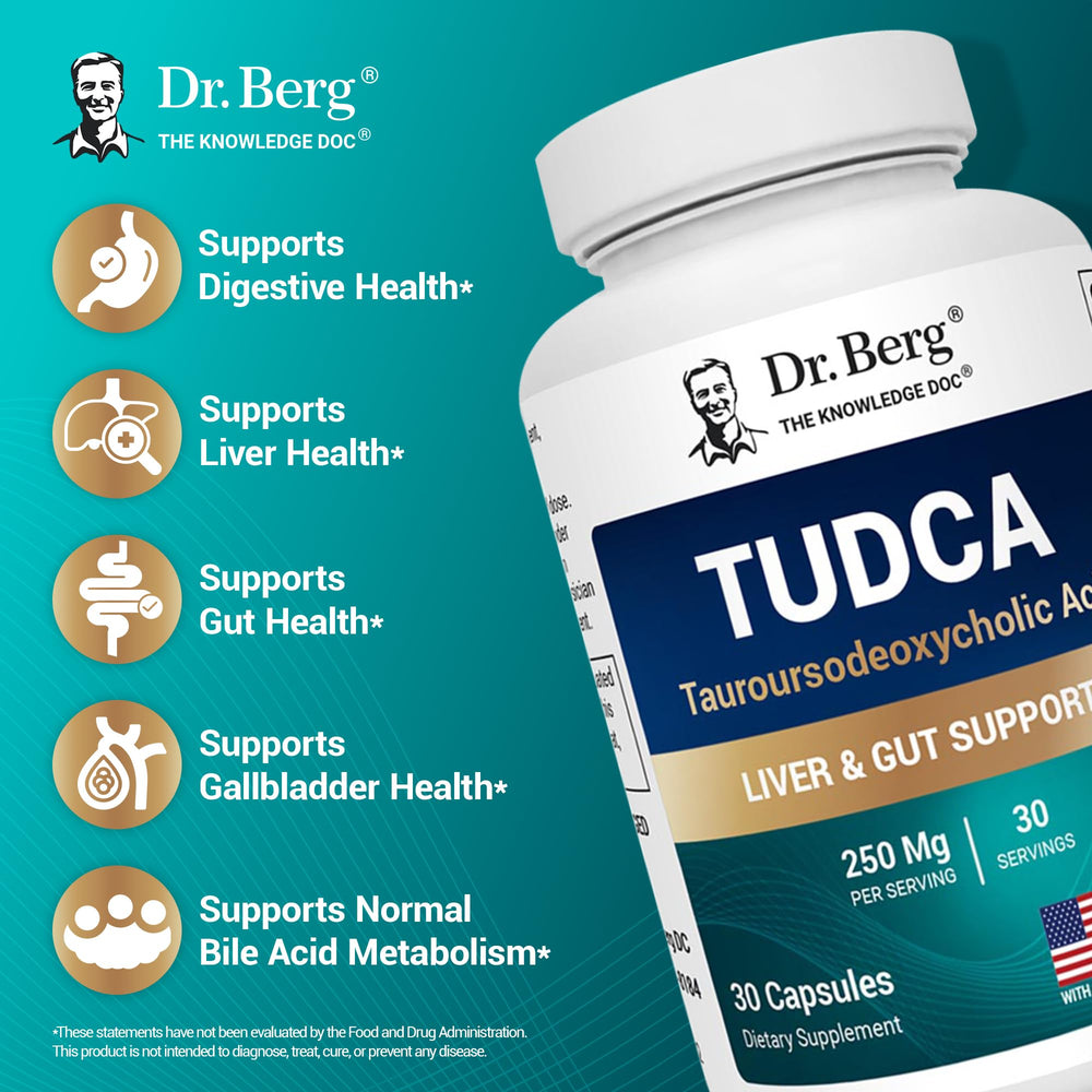 TUDCA label detail from a Dr. Berg bottle emphasizes potency.
