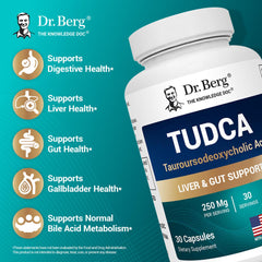 TUDCA label detail from a Dr. Berg bottle emphasizes potency.