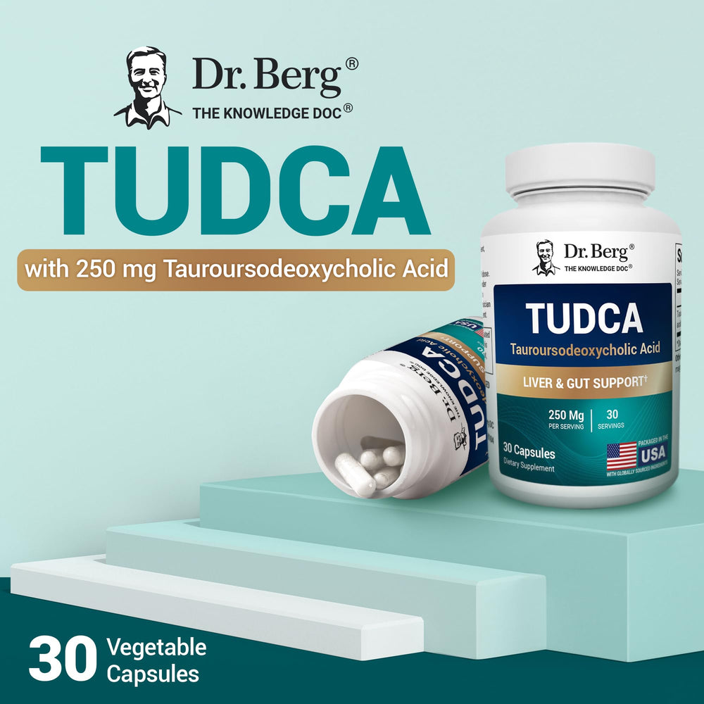 Pills in hand alongside a Dr. Berg TUDCA bottle for daily use.