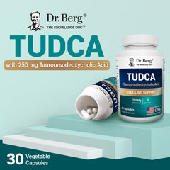 Pills in hand alongside a Dr. Berg TUDCA bottle for daily use.