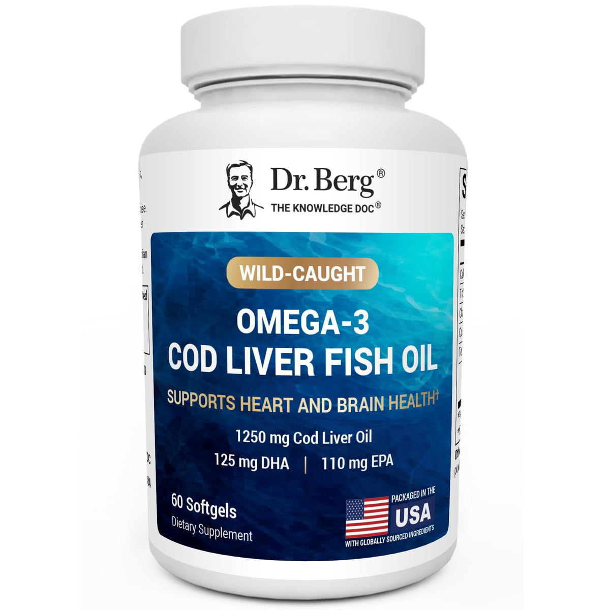 Dr. Berg Omega-3 cod liver oil bottle with lemon flavor for daily use.