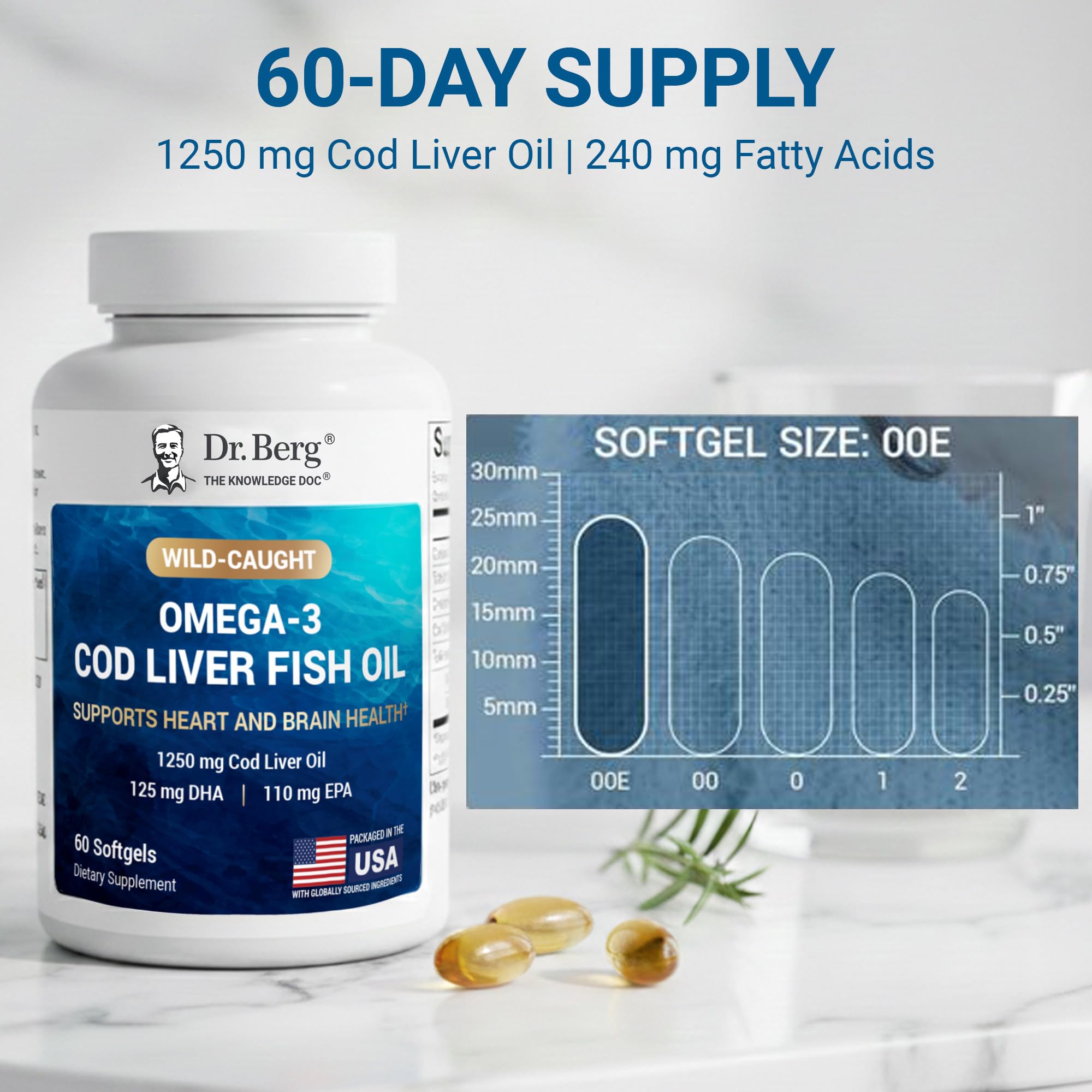 Close-up of Dr. Berg Omega-3 softgels pouring from the bottle for daily use.