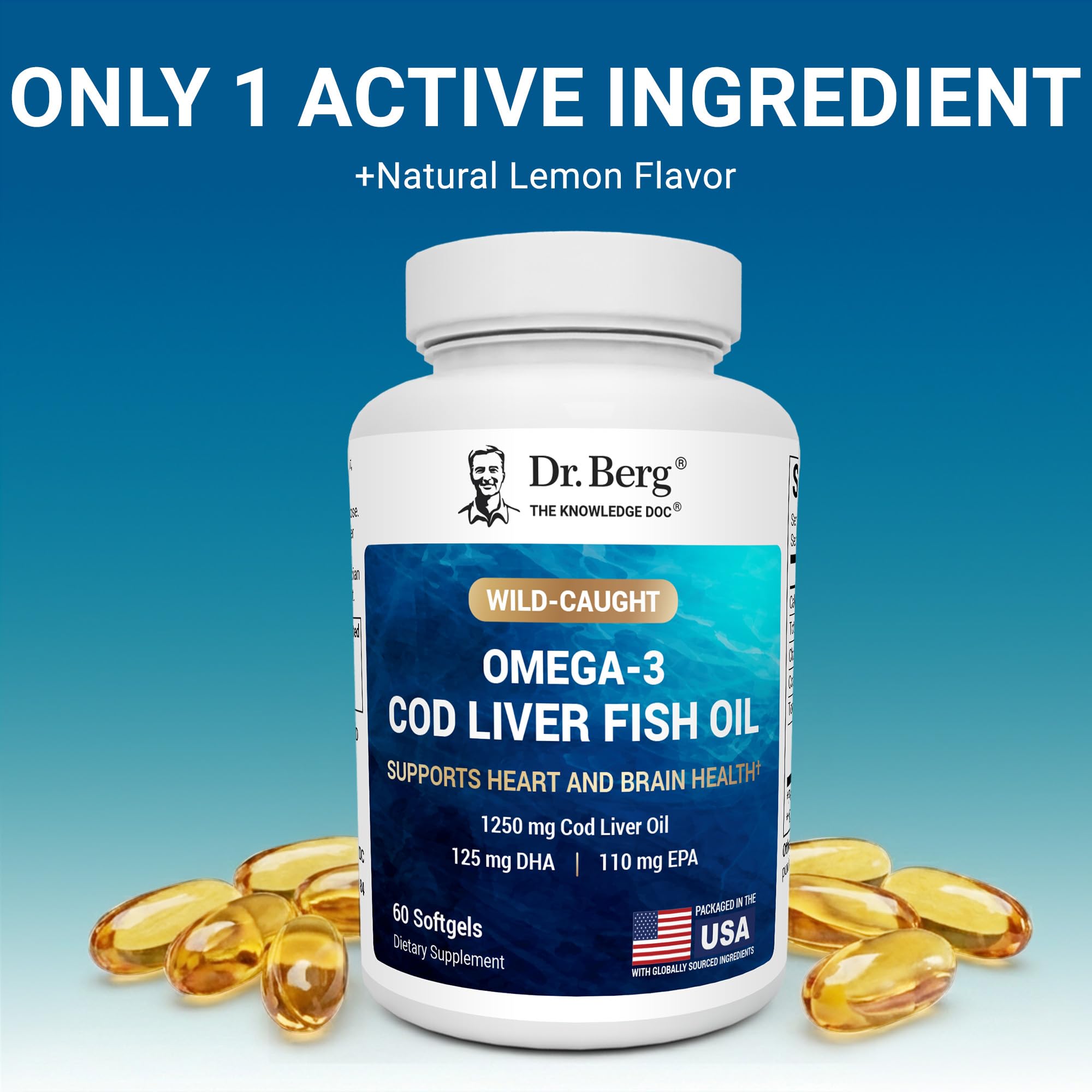 Wild-caught Icelandic cod liver source featured on Dr. Berg Omega-3 packaging.