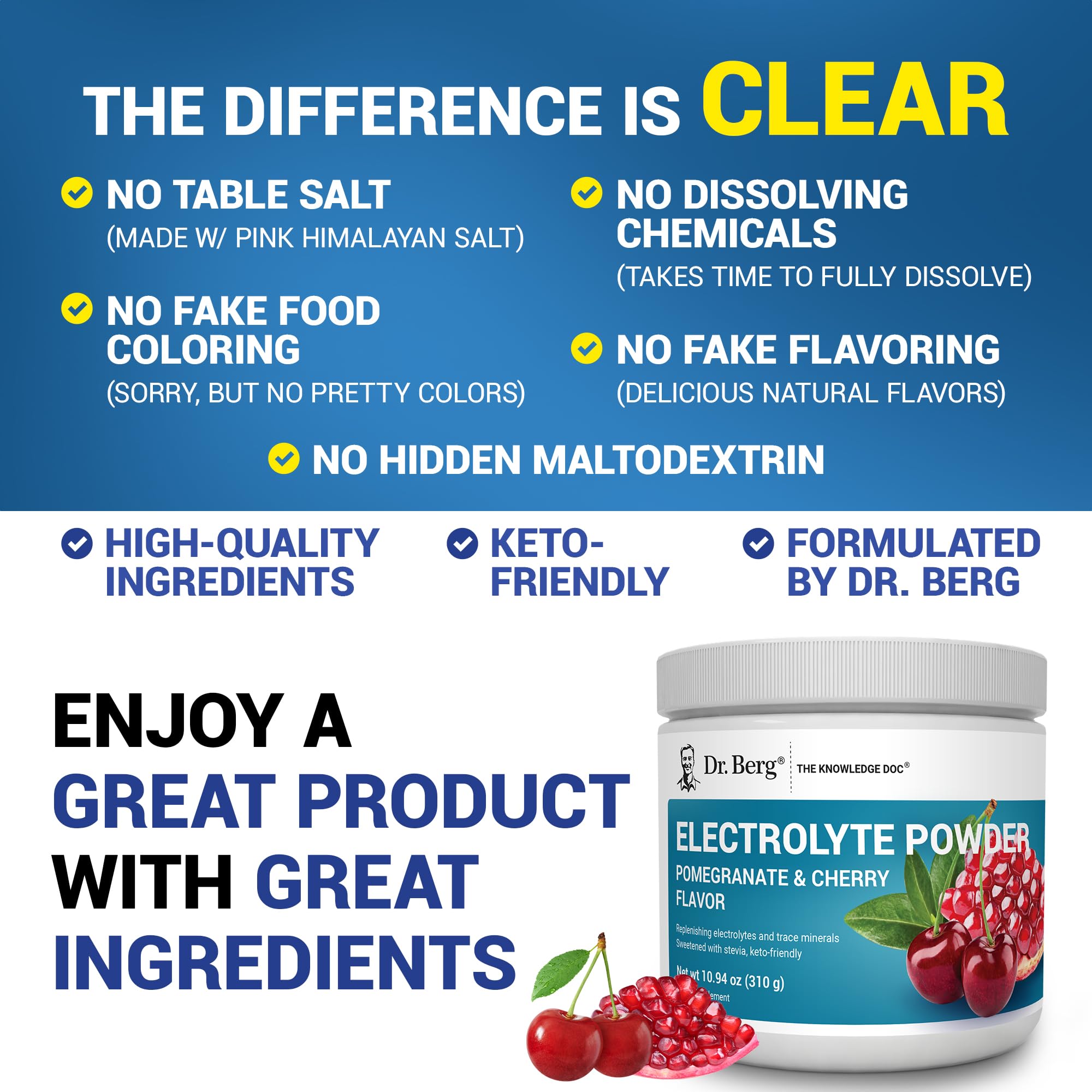 Pomegranate-cherry flavored, sugar-free electrolyte mix
