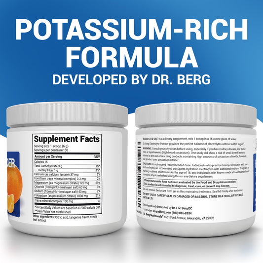 Dr. Berg electrolyte scoop highlighting 1000 mg potassium for replenishment.