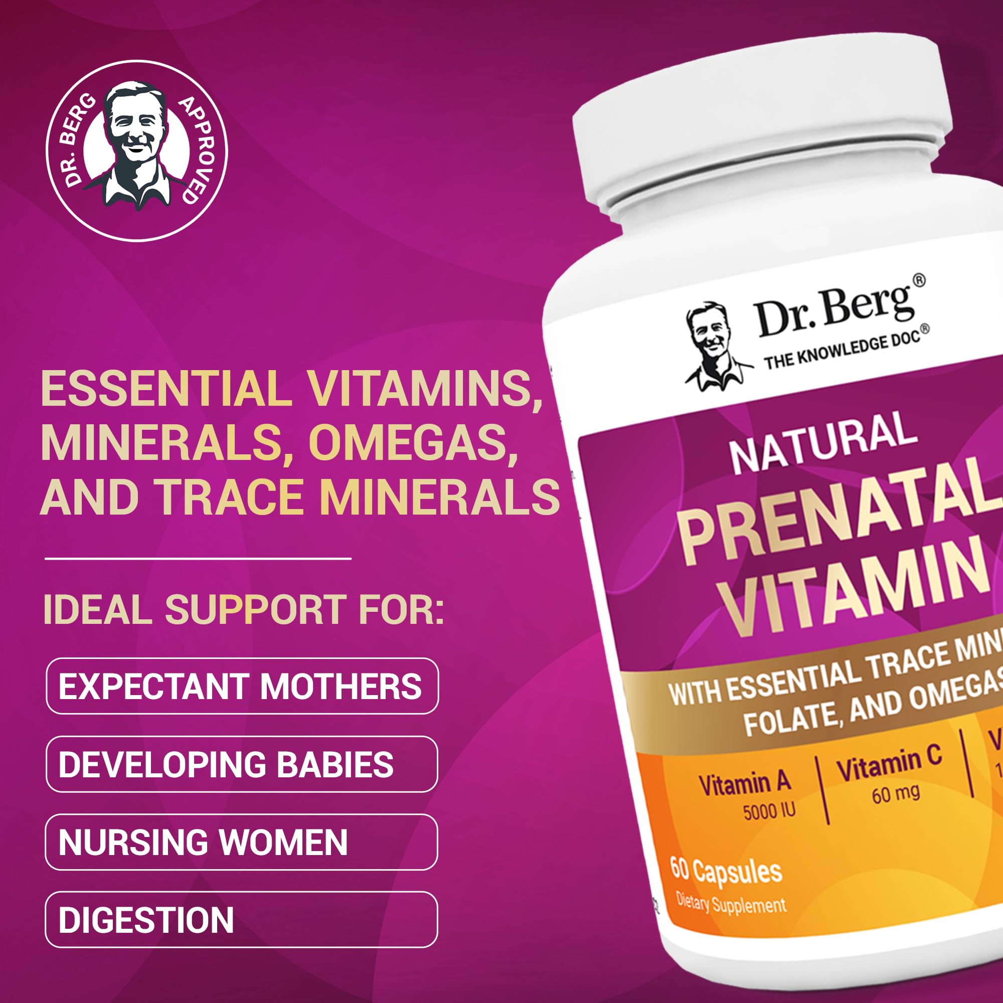 Dr. Berg Prenatal ingredients icons illustrate essential vitamins and minerals.