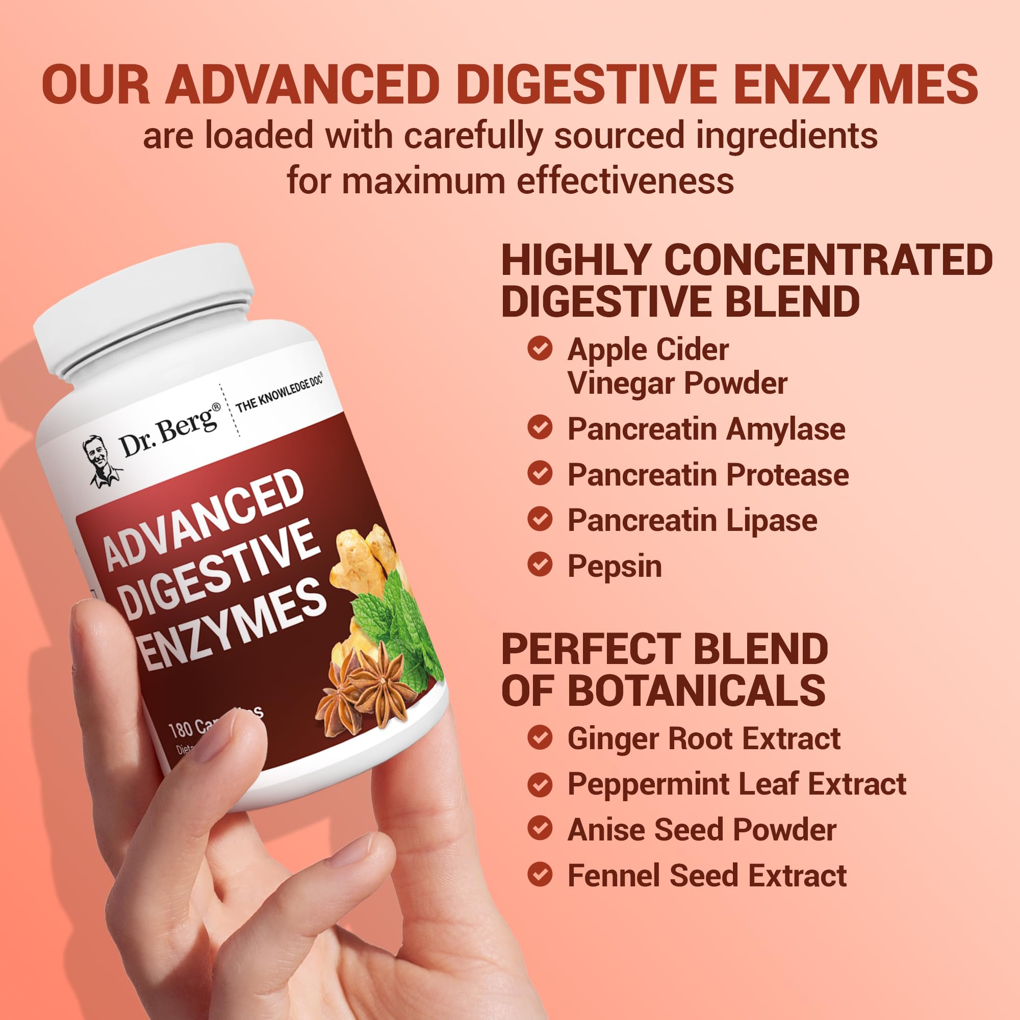 Dr. Berg capsules beside a plate showing meal use and digestion support benefit
