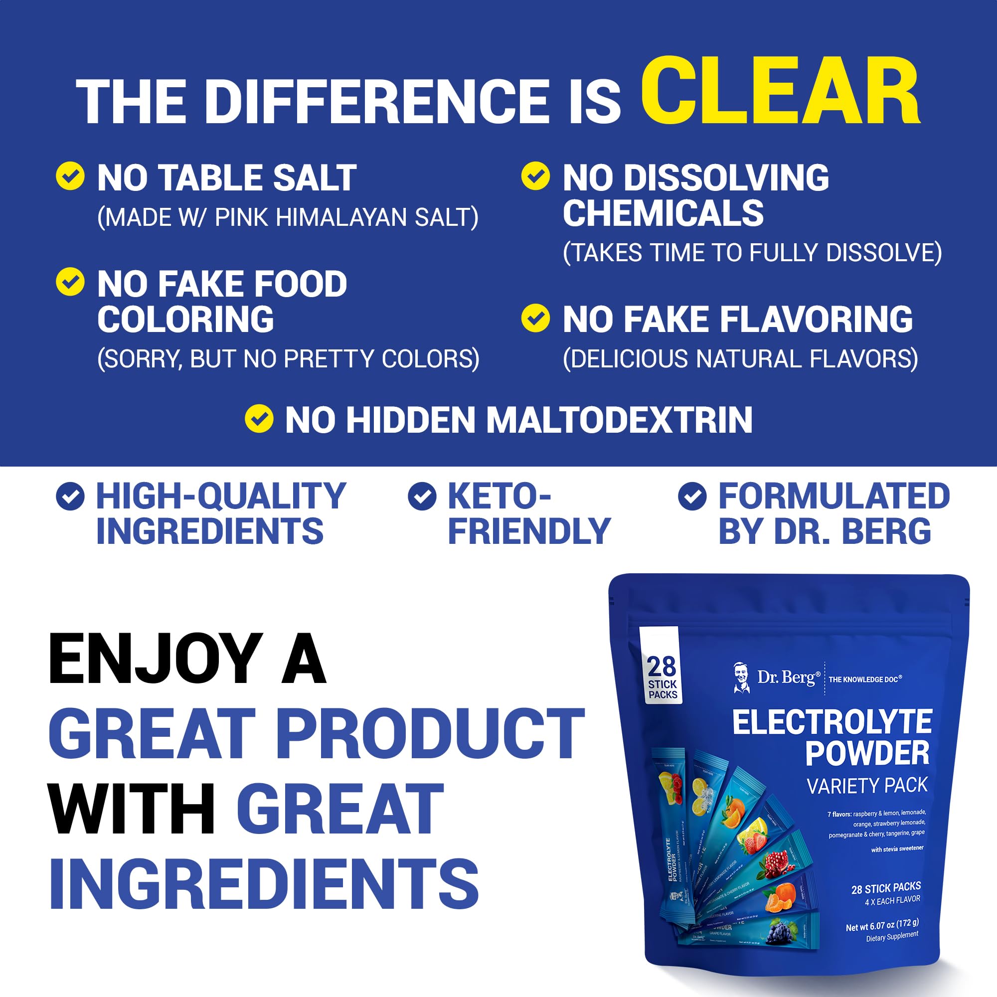 Mix one packet with water for a refreshing on-the-go drink with Dr. Berg.