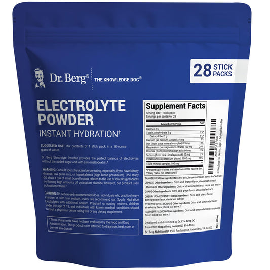 Dr. Berg electrolyte packets shown as portable hydration pouches for keto-friendly use.