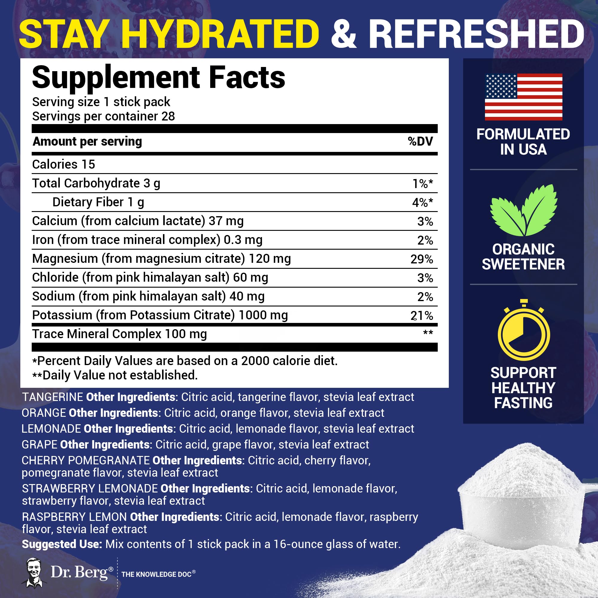Dr. Berg Sugar Free Electrolyte Packets highlight potassium-rich hydration support.