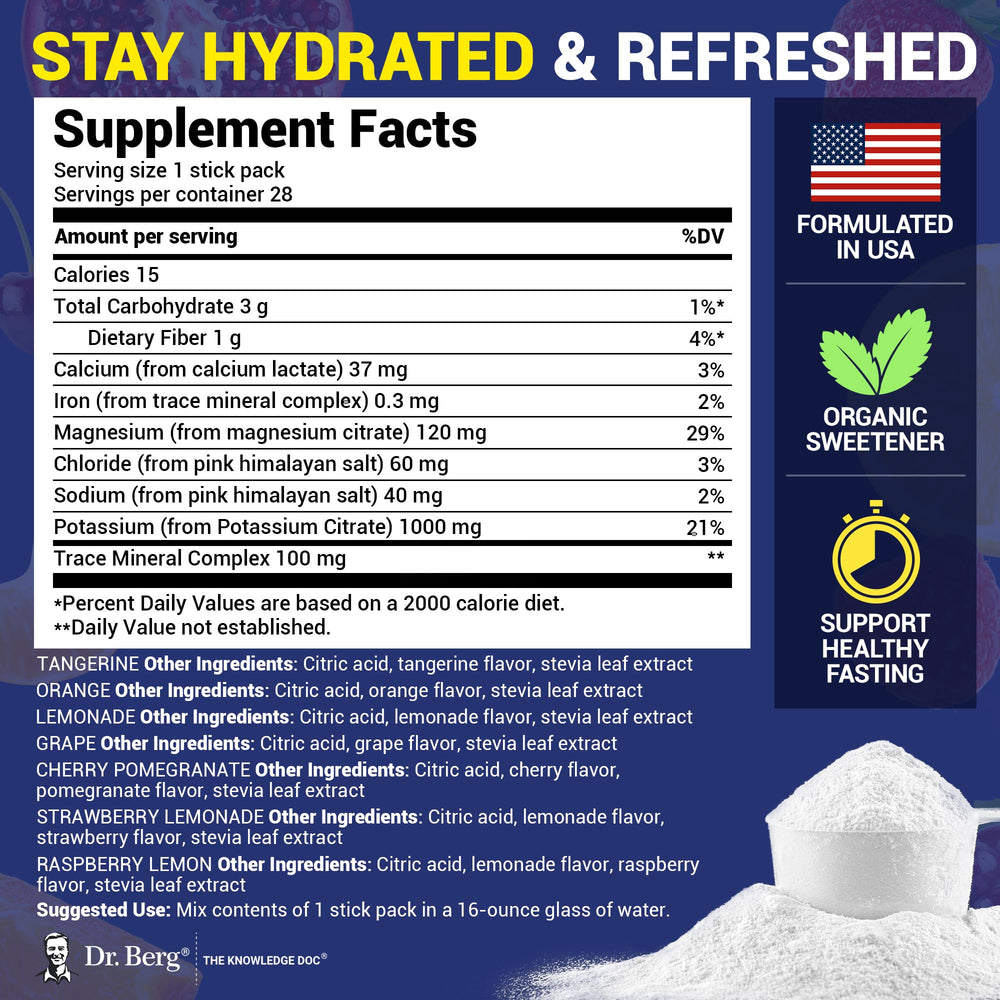Dr. Berg Sugar Free Electrolyte Packets highlight potassium-rich hydration support.
