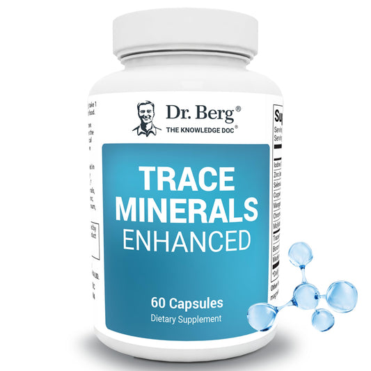 Dr. Berg Trace Minerals Enhanced Complex bottle showing a broad mineral blend for daily support.