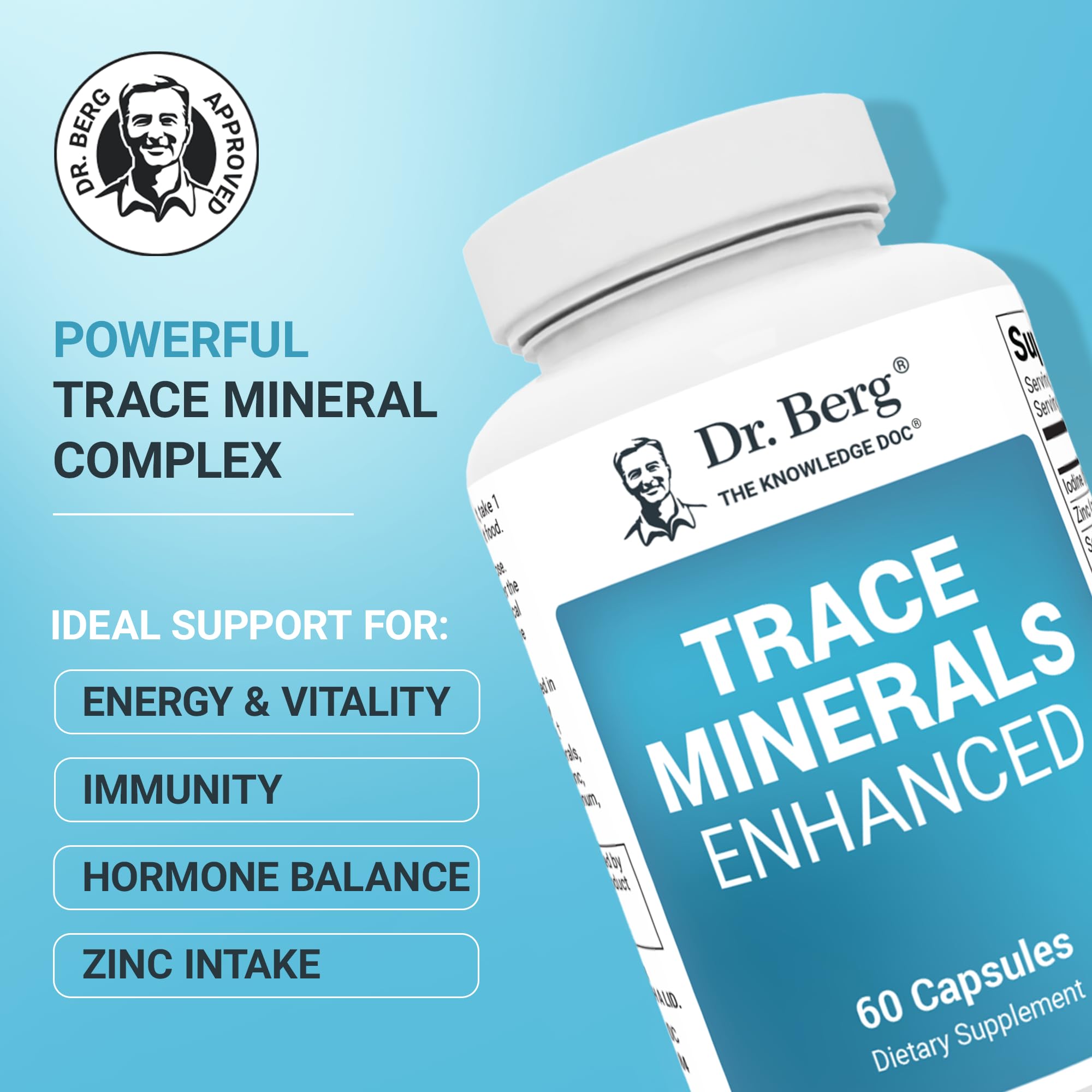 Dr. Berg Trace Minerals capsules close-up highlighting easy daily dosing.