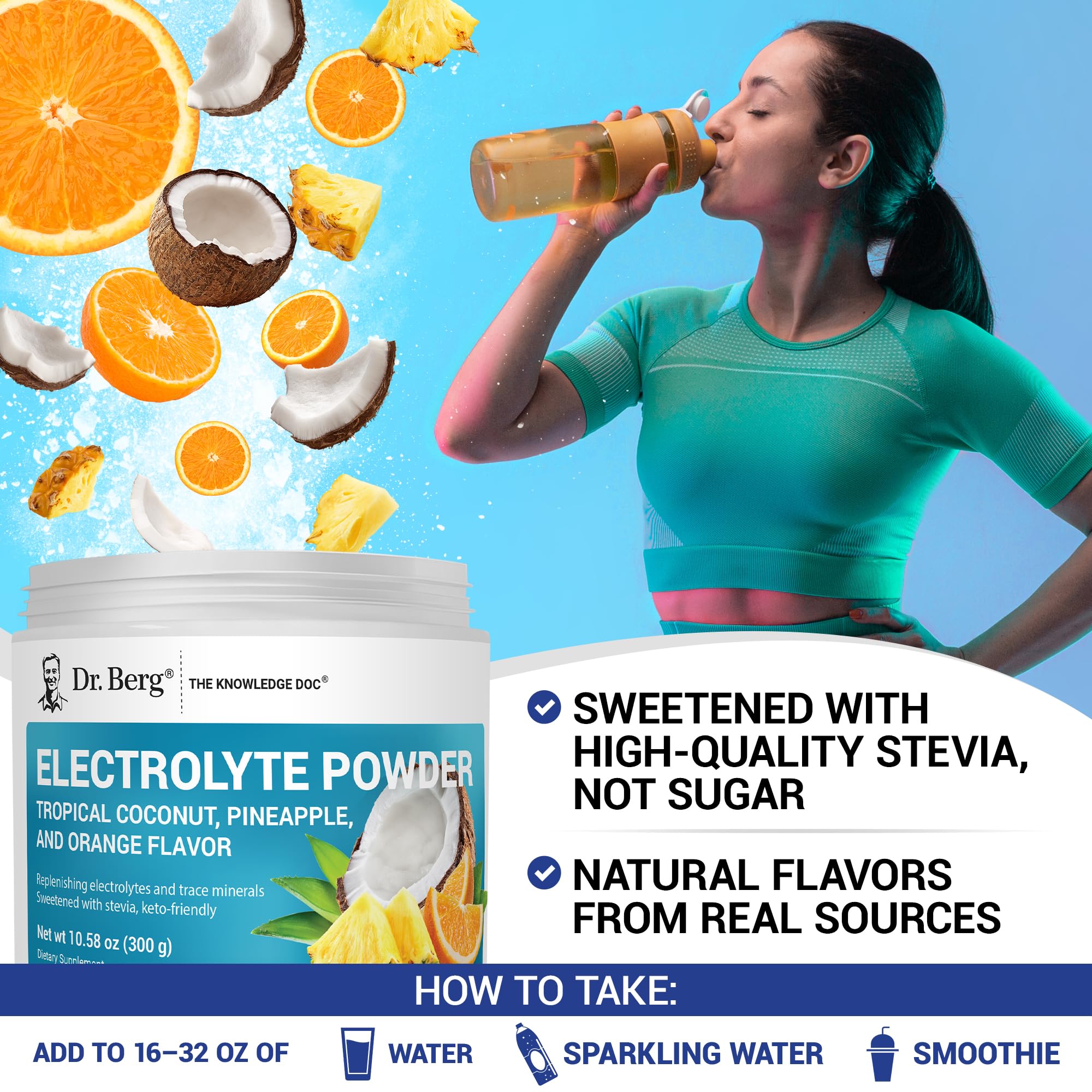 Packaging indicates 50 servings of the sugar-free electrolyte powder