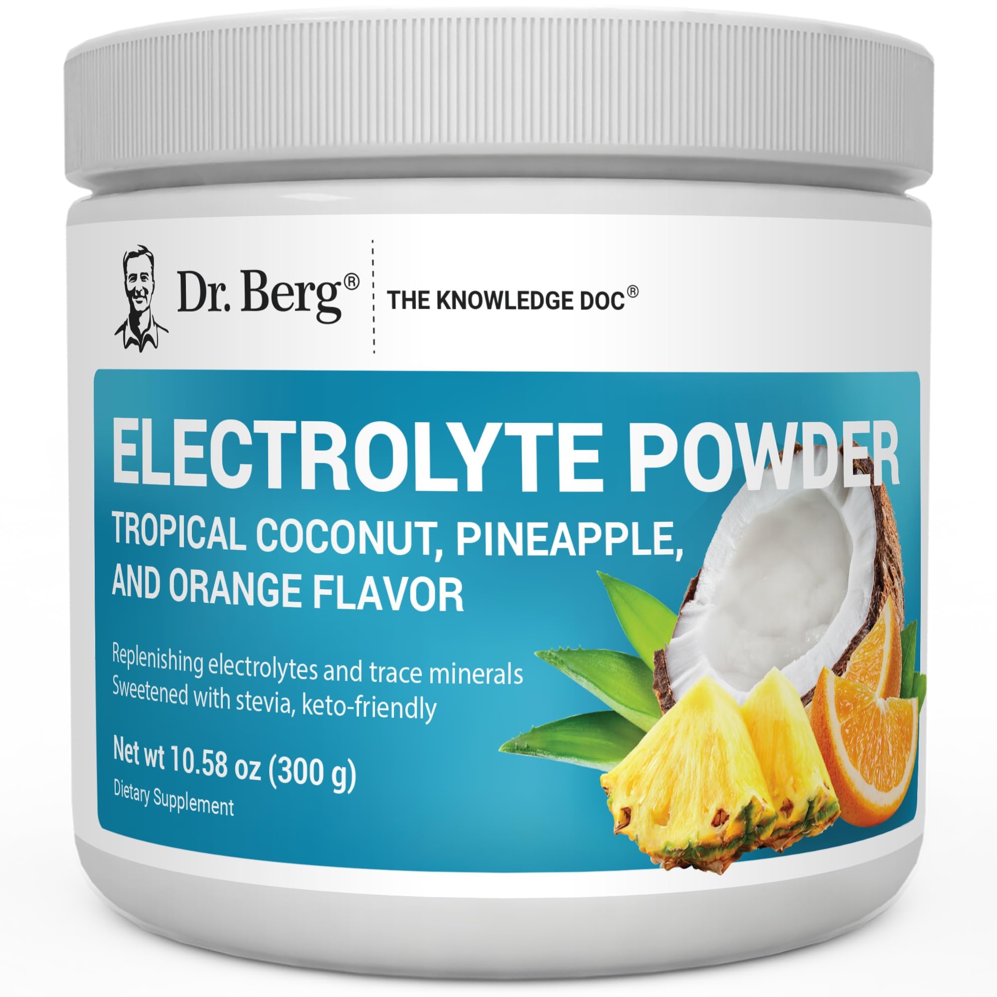 Dr. Berg Zero Sugar Hydration bottle label with tropical flavor and electrolyte blend