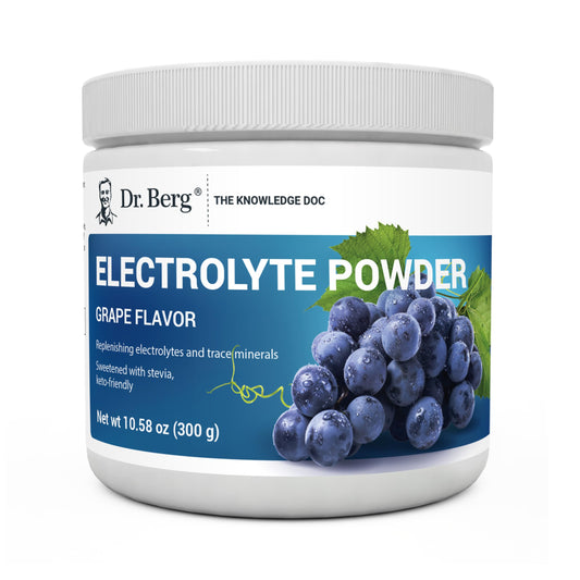 Dr. Berg Zero Sugar Hydration grape bottle pour demonstrates quick electrolyte support after training.
