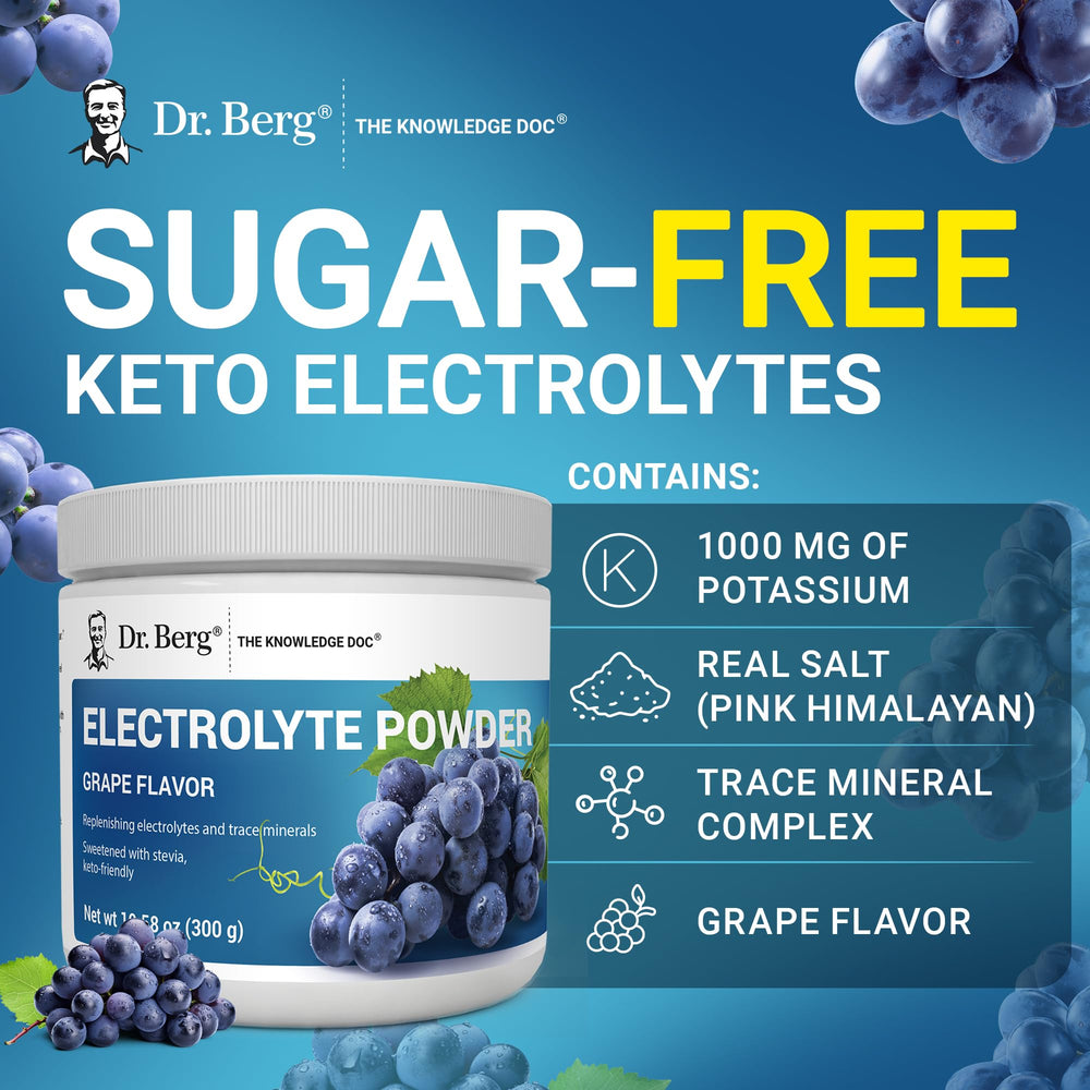 Dr. Berg Zero Sugar Hydration grape measuring scoop conveys precise dosing.