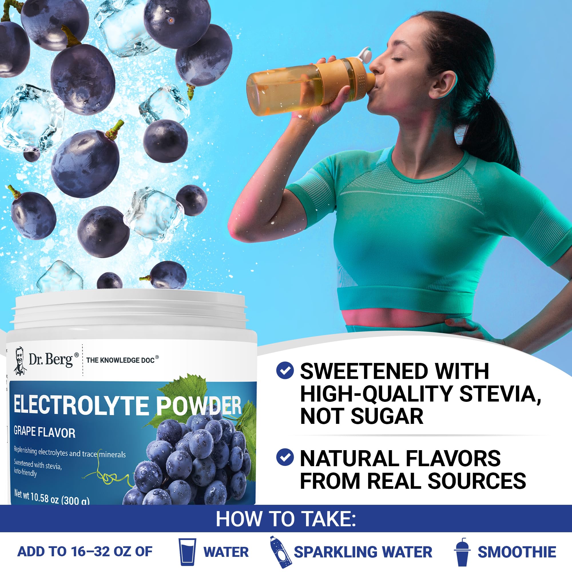 Dr. Berg Zero Sugar Hydration grape mixer scene suggests easy preparation.