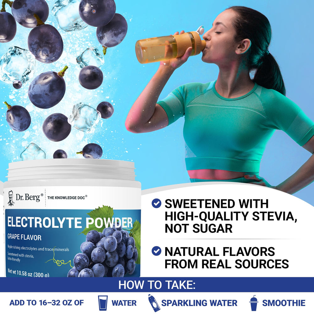 Dr. Berg Zero Sugar Hydration grape mixer scene suggests easy preparation.
