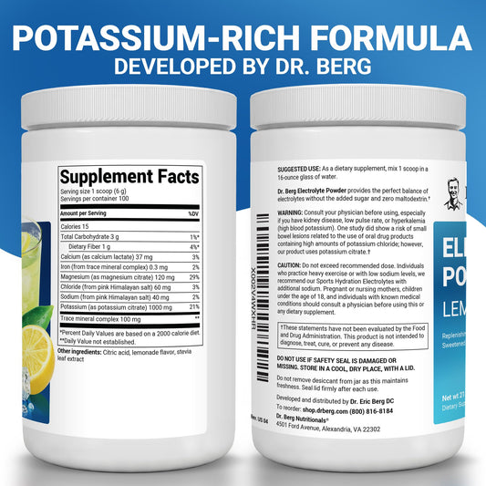 Dr. Berg Zero Sugar Hydration label close-up with potassium-rich formula.